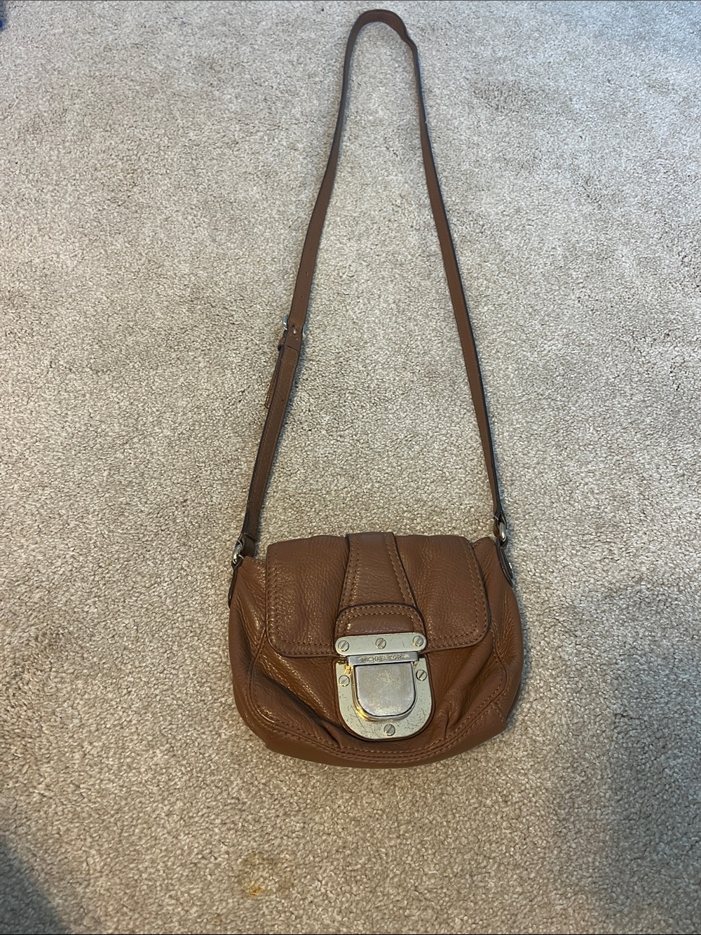 Michael Kors Brown Leather Pebbled Crossbody with Silver Lock